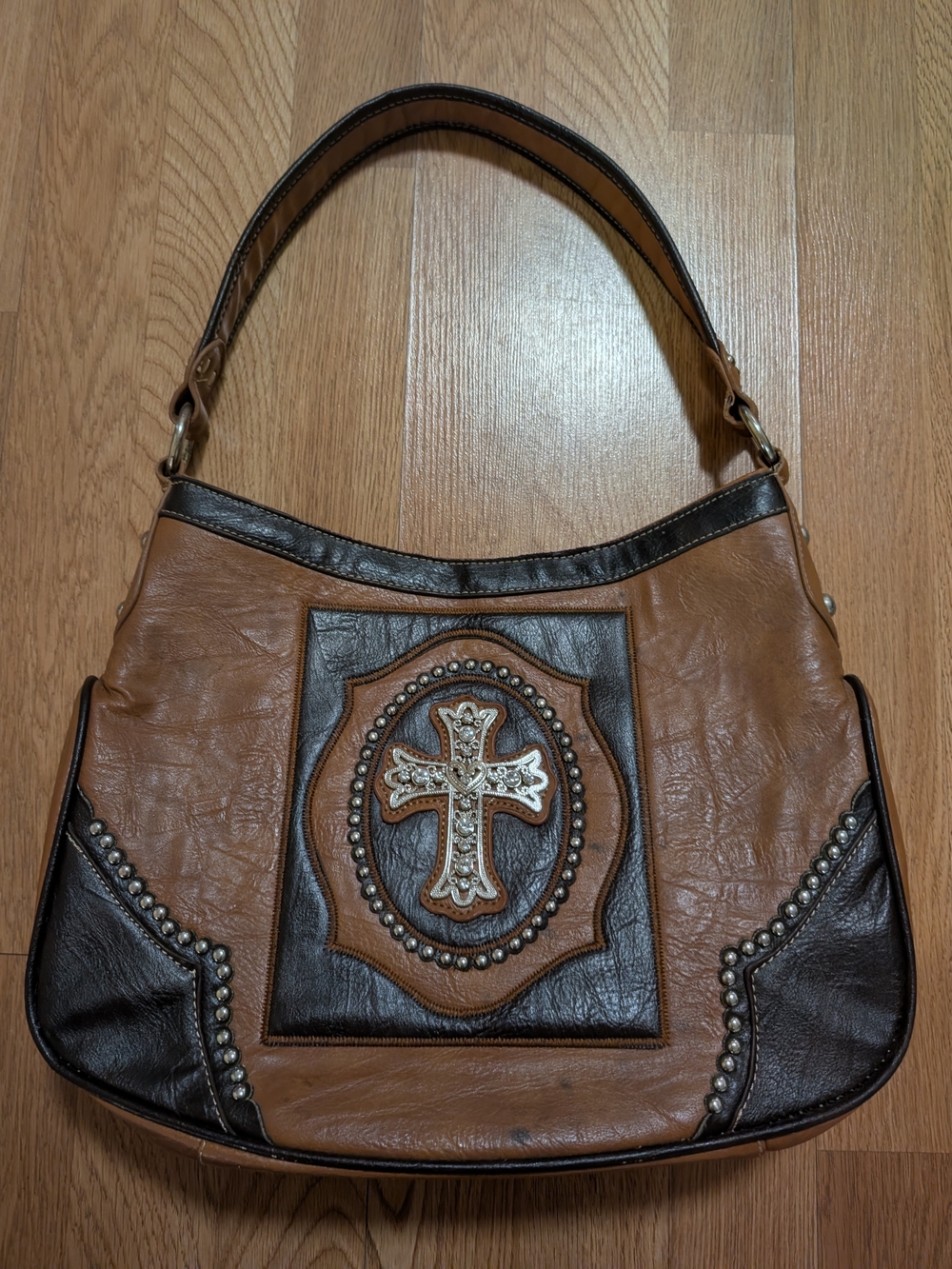 Y2K Women's Brown Embellished Cross Hobo Bag